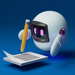 robot holding a pencil and writing on paper, illustration