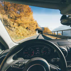 View from the driver's seat of a self-driving vehicle.