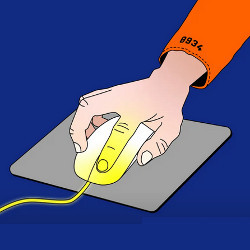 hand in a numbered sleave holds a mouse on a mousepad, illustration