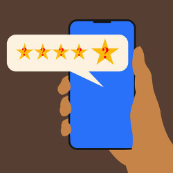 balloon from smartphone shows question marks on five stars, illustration
