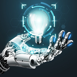 humanoid robotic hand holding a light bulb, illustration