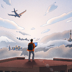 plane flies past a man with a backpack and a laptop standing atop a building, illustration