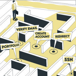 man holding a briefcase stands inside a job-search maze, illustration