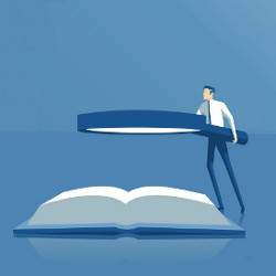 businessman holds a giant magnifying glass over a giant book, illustration