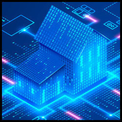 house with numbers sits on a circuit board, illustration