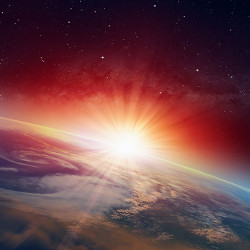 sun appears on a planet's horizon, illustration