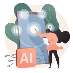 user interacts with a giant cellphone next to an AI label, illustration