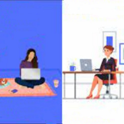 women in work-from-home and office settings, illustration