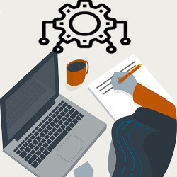 algorithm icon and student at a laptop computer, illustration