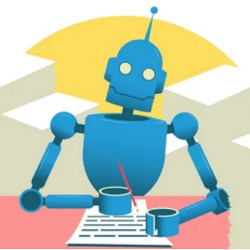 robot holding a pen and writing a letter, illustration