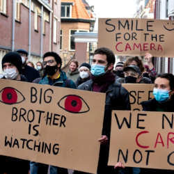 Staff members and students protest the use of sensors outside the Lipsius building at Leiden University in the Netherlands in December 2021.