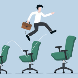 worker with a brief case hopping over chairs, illustration