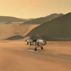 An illustration showing NASAs Dragonfly rotorcraft-lander approaching a site on Saturns moon Titan.