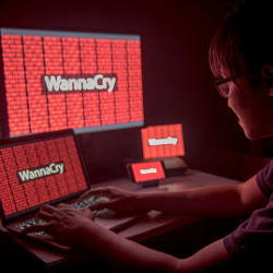 person facing multiple screens showing WannaCry logo