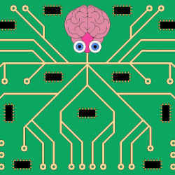 Illustration of a green circuit board with chips attached to a brain with eyes.