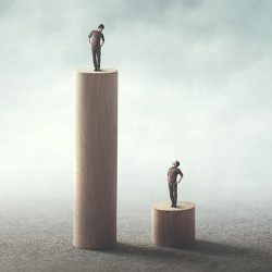 figures stand on two columns of different heights, illustrating inequality