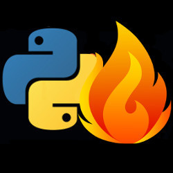 Python logo next to a flame, illustration