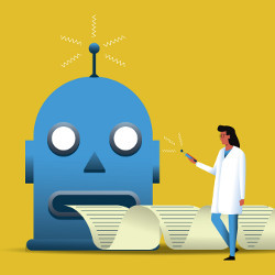 woman in lab coat and a giant humanoid robotic head emitting paper, illustration