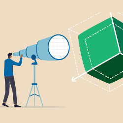 man at a telescope observes a geometric shape, illustration