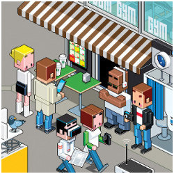 individuals walking by or standing in front of a street storefront, illustration