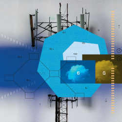 A conceptual collage showing telecommunications equipment, data, and clouds.