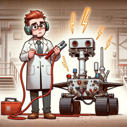 man in a labcoat stands next to a four-wheel robotic rover, illustration