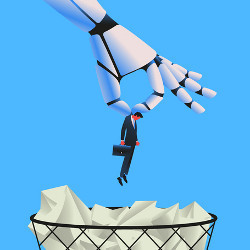 robotic hand drops a businessman into a trash can, illustration