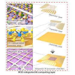 Schematic illustration of an edge computing system based on monolithic 3D-integrated, 2D material-based electronics.