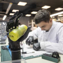 An engineer collects bionic prostheses for Ukrainian soldiers at the Esper Bionics office in Kyiv, Ukraine.