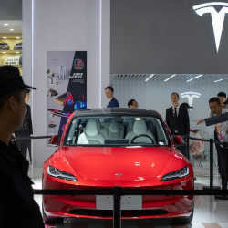 A Tesla Model 3 on display at a trade show in China last year.