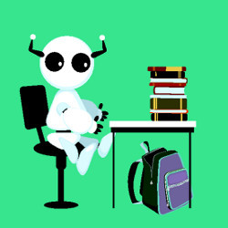 robot with books and a backpack sits at a desk, illustration