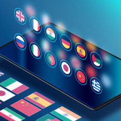 flag icons hover above a mobile phone, illustration