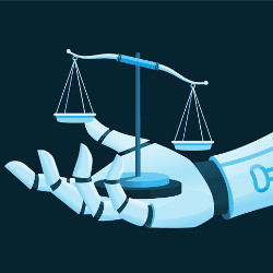 robotic hand holds the scales of justice, illustration