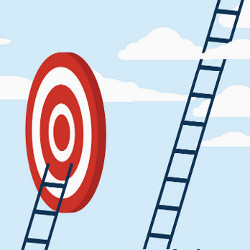 one ladder rests against a target, a second extends into the sky, illustration