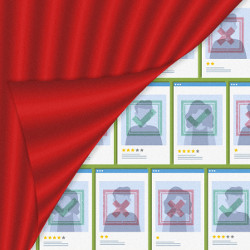 person profiles, some with checkmarks and some with 'X', behind a red curtain, illustration