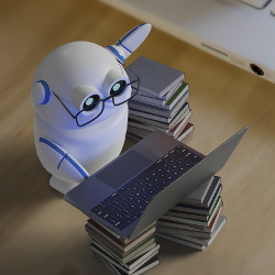 chatbot character at a laptop computer atop a stack of books 