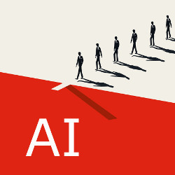 businessmen walk the plank above an AI cliff, illustration