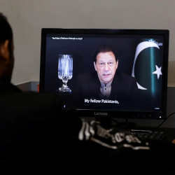 Pakistani ex-prime minister Imran Khan, as seen on a computer screen in the city of Karachi last week. 