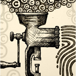 copyright symbols being fed into a crank machine, illustration