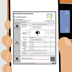 hand holds a smartphone showing U.S. Cyber Trust Mark label and data, illustration