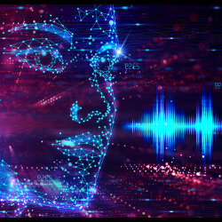 sound waves next to a face formed by a constellation of stars, illustration