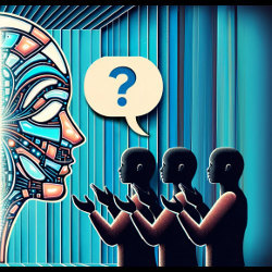 balloon with a question mark above three figures holding their hands towards a digital face, illustration