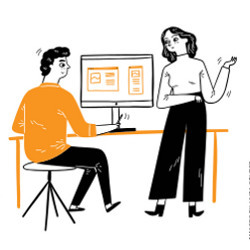 man at computer display in discussion with a woman in an office setting, illustration