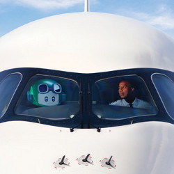 airline pilot glances towards humanoid chatbot copilot, illustration