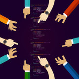 hands pointing at code in open-source concept, illustration